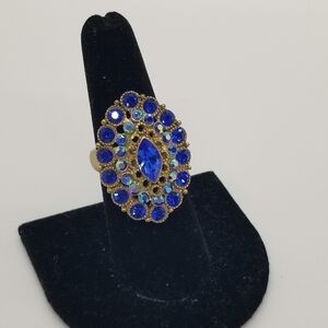 blue and gold tone rhinestone cocktail ring size 6.75
